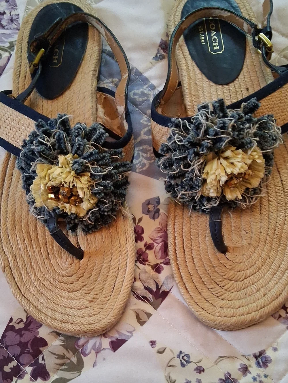 Coach Beige and Navy Floral Rope Sandals. Size 10B